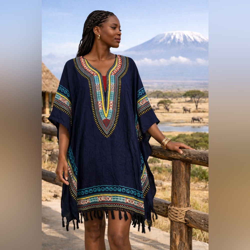 Boho Dashiki Kaftan Tunic Top Navy Mod Length Fringe Festival Resort One Size